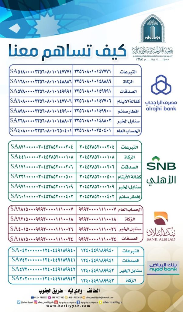 الحسابات البنكية المعتمدة لجمعية البر الخيرية